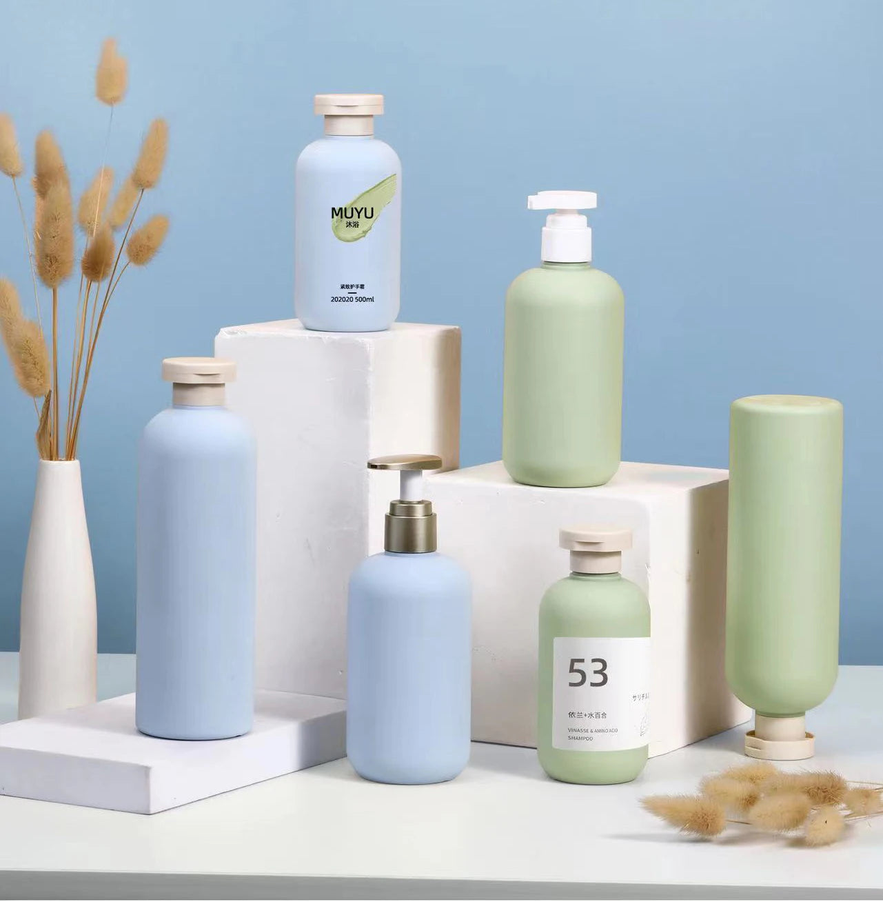 Stock 200ml 300ml 500ml Eco-friendly HDPE Biodegradable Luxury Shampoo Lotion Bottle with Pump Green Clamshell Body OEM/ODM