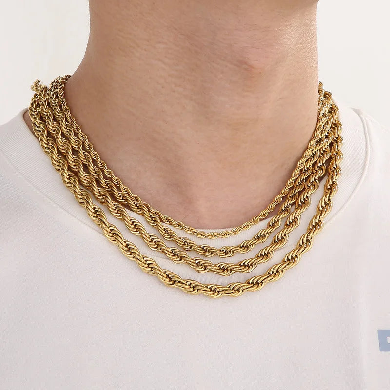Hiphop Stackable Necklace Accessories Non Tarnish Stainless Steel Necklace Multi-size Twist Chain Necklace Gifts for Women Men