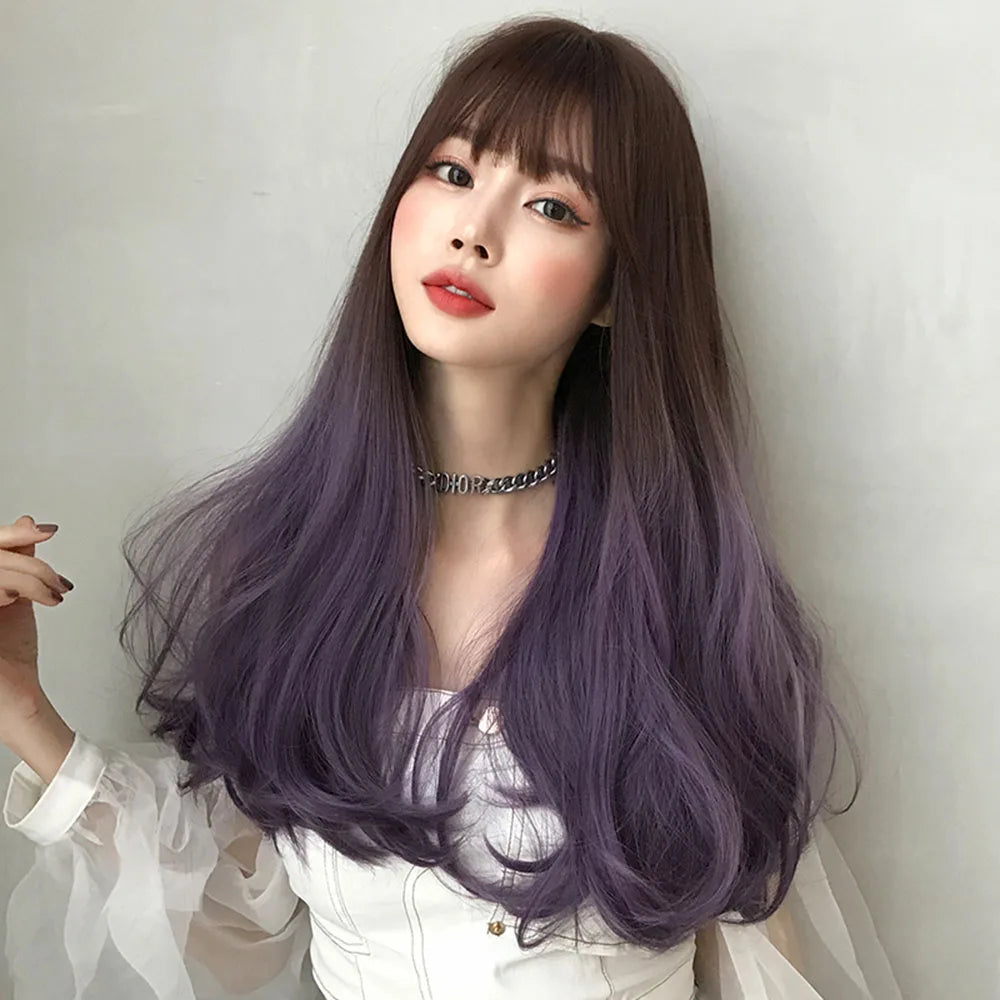 For Purple 26 Inches Korean Hair 150% Density Long Straight Wig Bangs Synthetic High Temperature Resistant Advanced Simulation