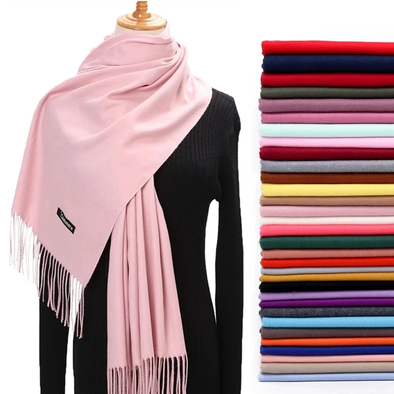 Autumn Winter Stock 250g Pure Color Cashmere Scarf Monochrome Tassel Twill Warm Shawl Printed Pattern Logo Service for Women