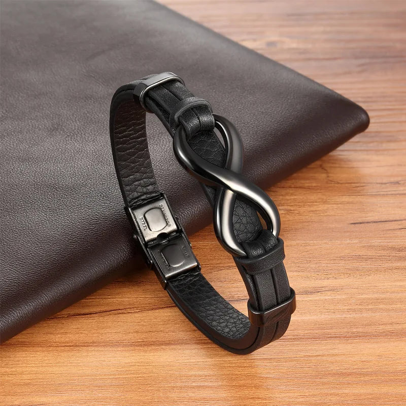 Black Eight Shape Charm Bangle with Metal Button Leather Bracelet for Men magnetic clasp bracelet
