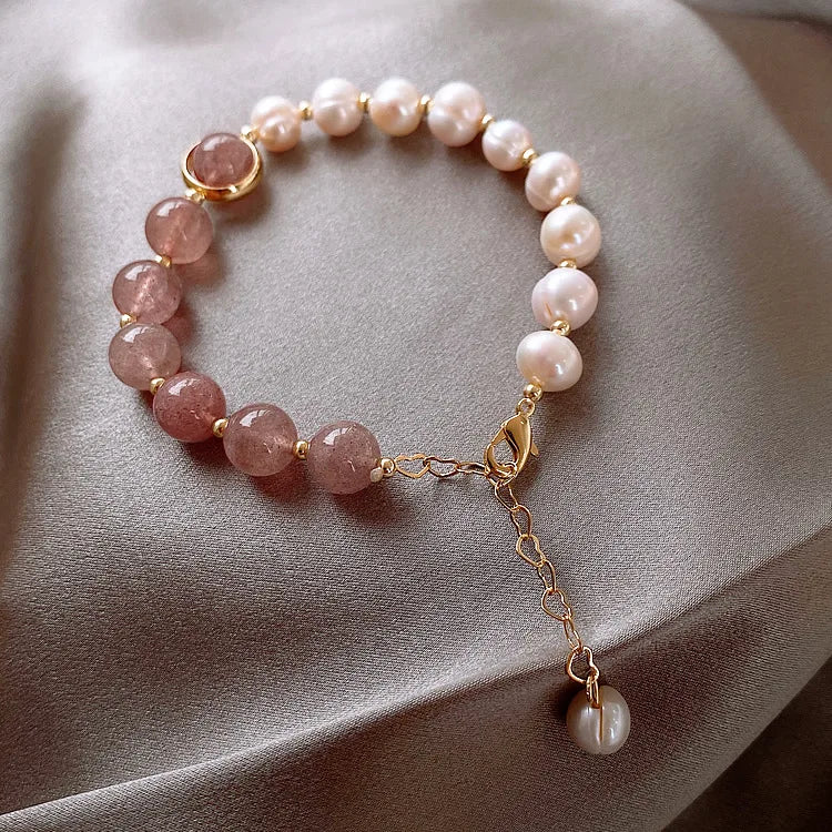Minimalist Fine Jewelry Bracelet Gemstone Strawberry Crystal Bracelet Baroque Pearl Bracelet for Women