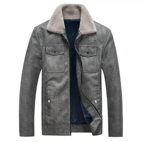 Men's Faux Leather Jacket Fur Collar Bomber Jacket Warm Filling Leather Windbreaker Jackets