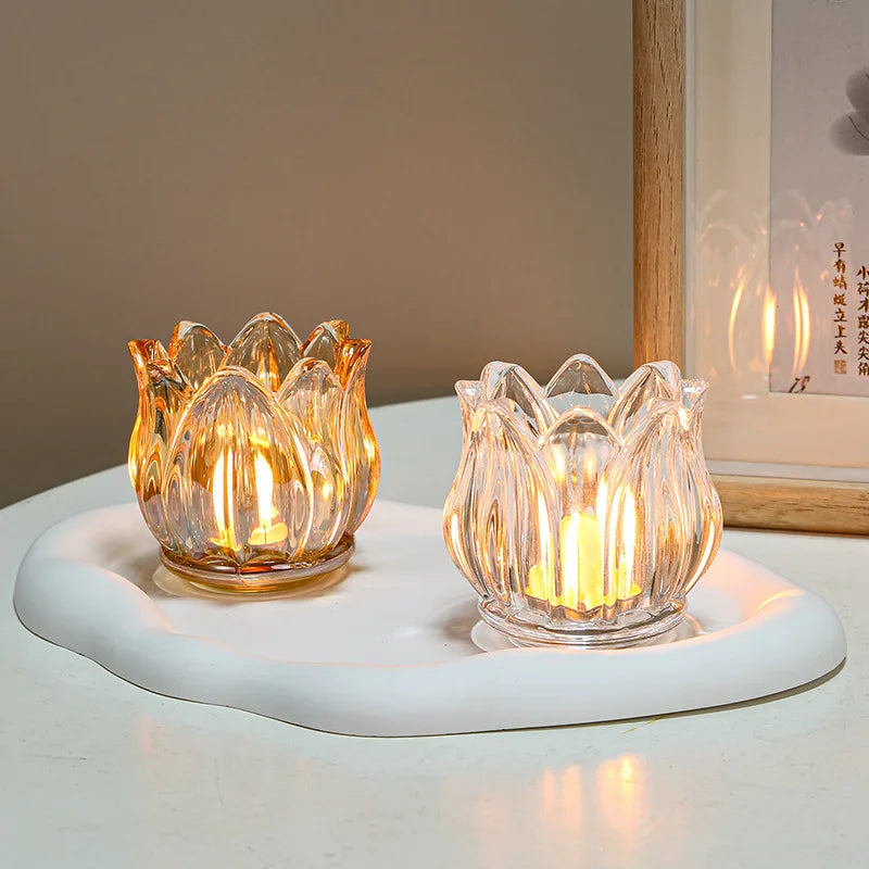 Custom Color Glass Tea Light Tulip Candle Holder Offset Printing Reusable Unique Flower Shape for Home Wedding Decoration