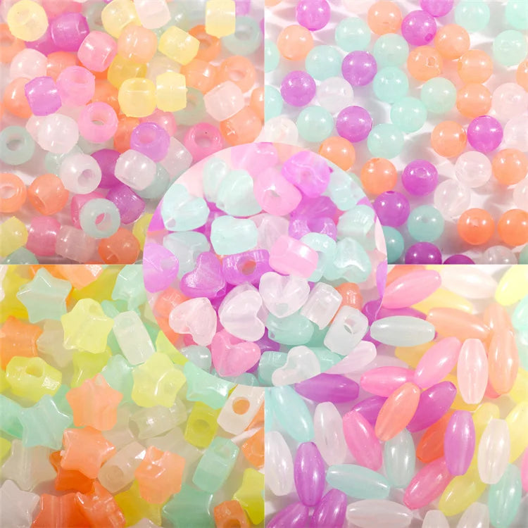 Hisenlee Luxury Handmade Polished UV Beads Mix Color Heart Star Oval Cylindrical Shape Acrylic Luminous Straight Hole Making