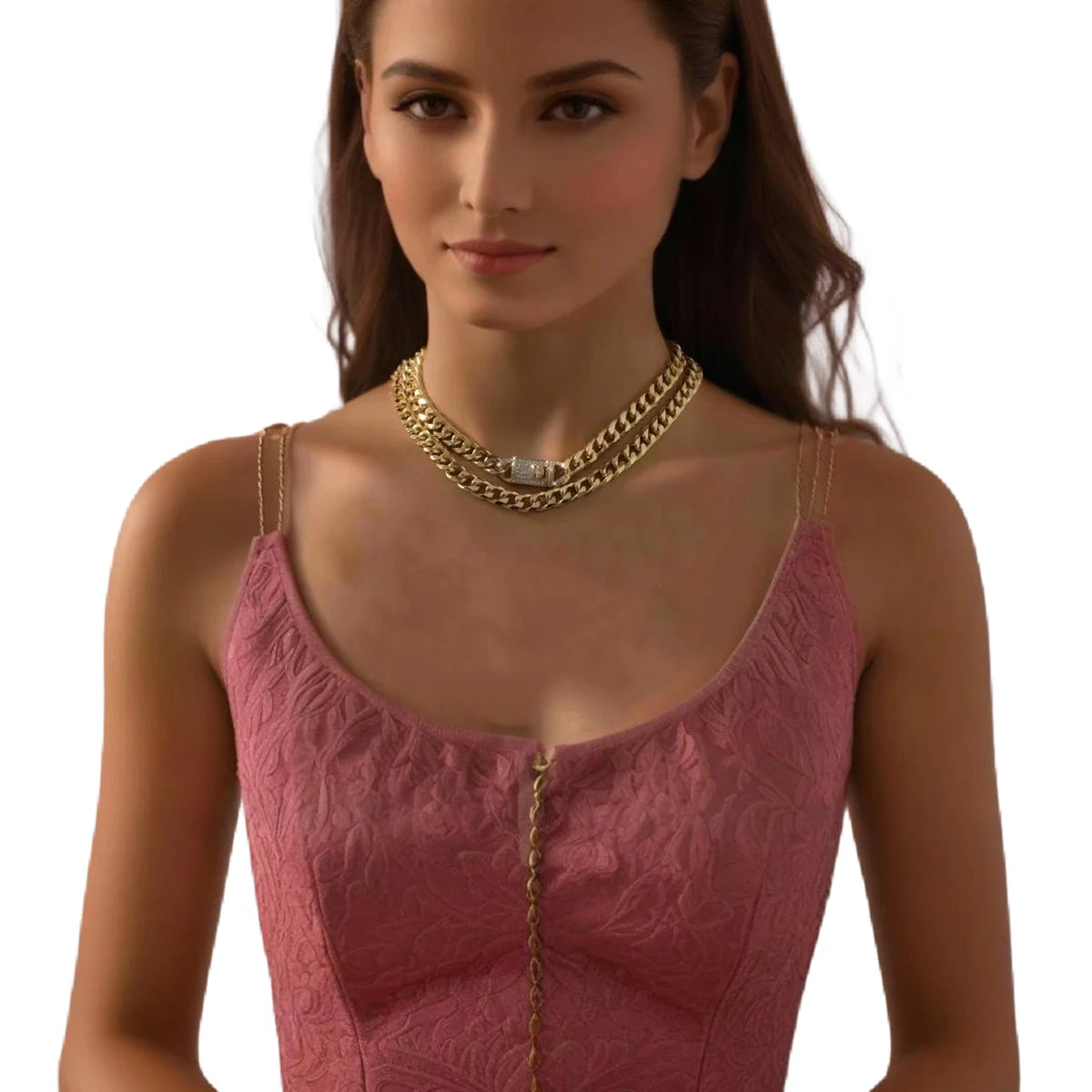 2 Pcs Layered Thick Chains with Shiny Rhinestone Buckle Choker Necklace for Women Trendy 2025 Ladies Neck Chains Fashion Jewelry