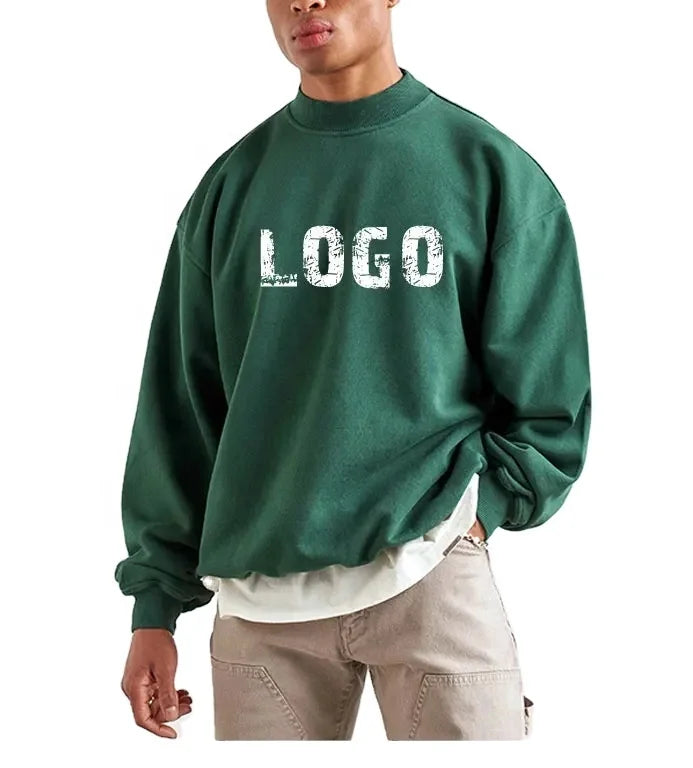 Custom Cotton Crewneck Sweatshirts Distressed Print logo Vintage Washed Mock Neck Sweatshirt Hoodies for Men