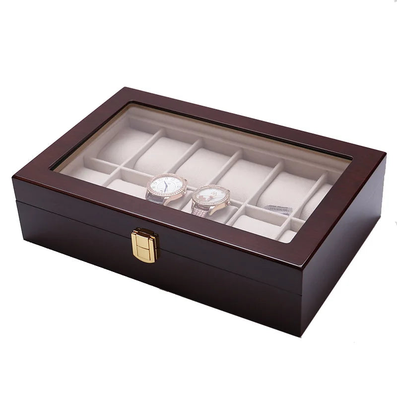 12 Slots Dark Brown Glossy Wood Lacquered Watch Display Box With Beige Interior