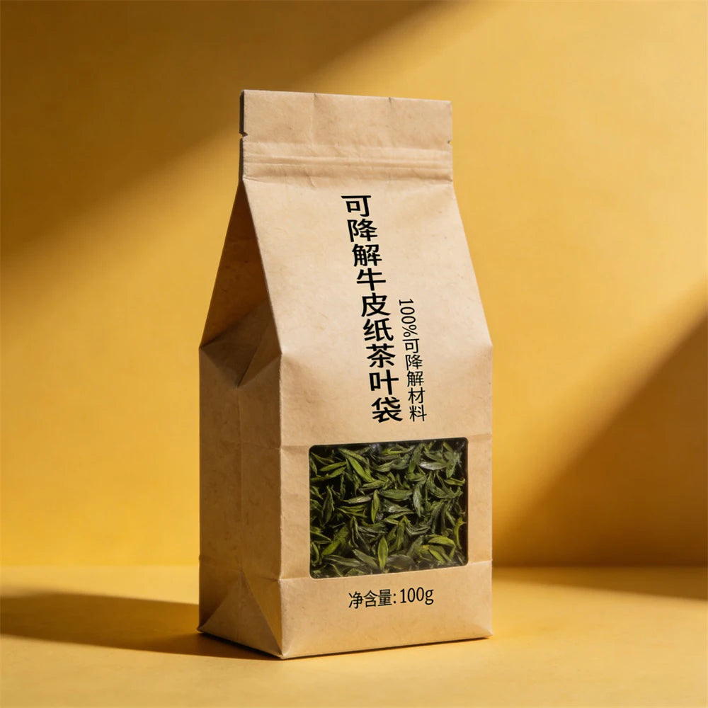 Sourcepack Flat Bottom Brown Kraft Paper Pouch With Zipper and Clear Window for Dry Food Packaging