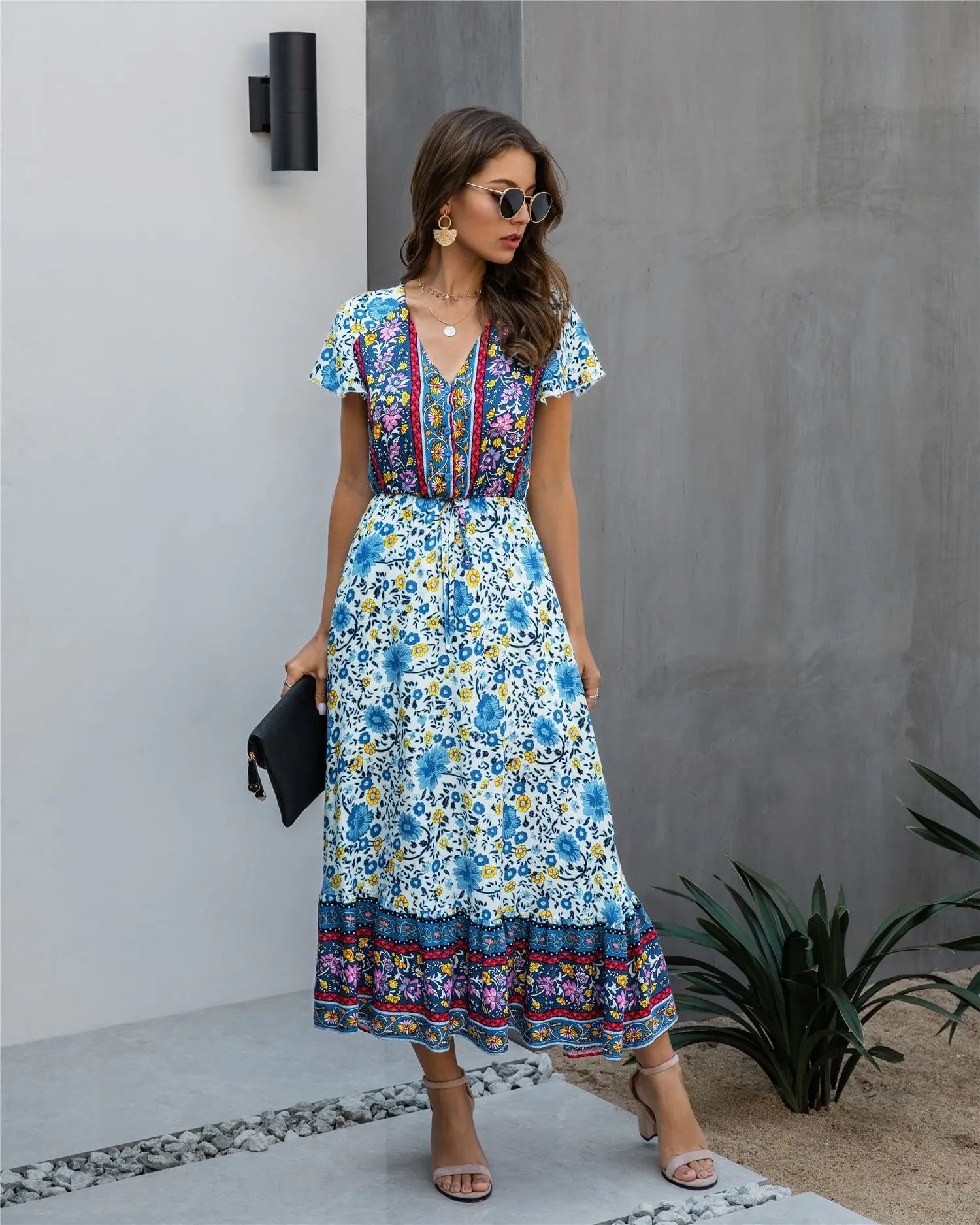 Trending New Design Women Short Sleeve Long Dresses Mujer Verano Floral Print Boho Tied V Neck Dress