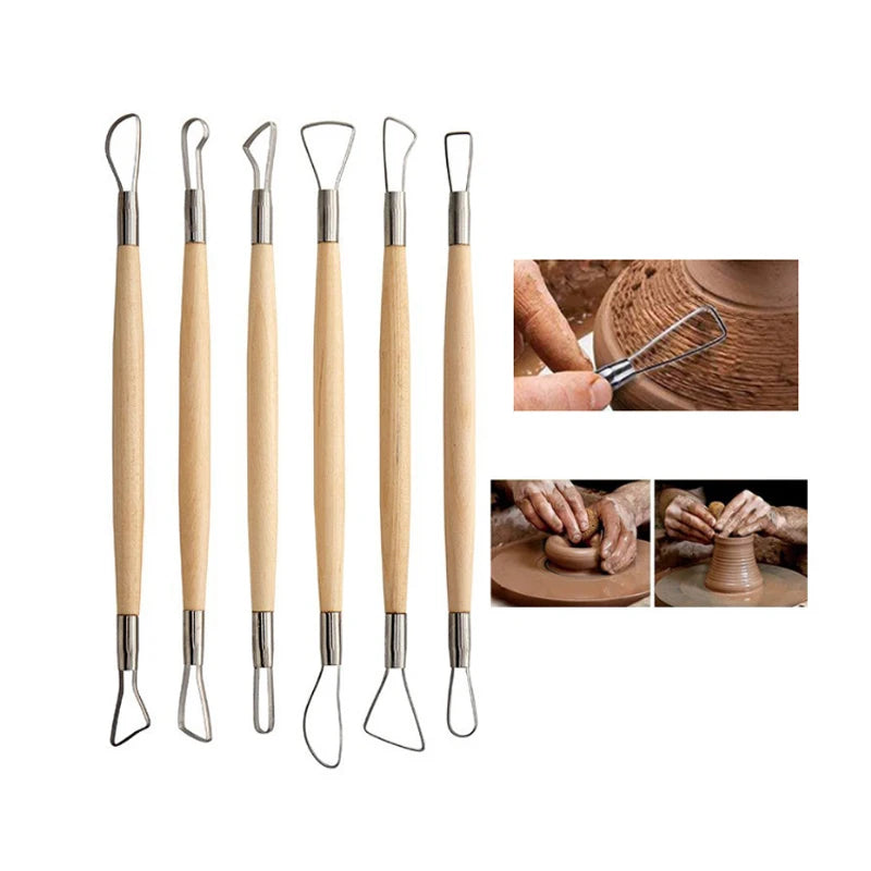 Dual Metal Head Pottery Tools Kit with Wood / PP Handle 6pcs DIY Craft Tools Set Clay Art Supplies