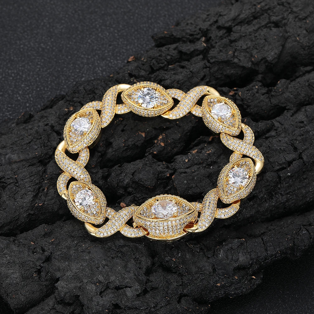 15mm Eye-Shaped Design Diamond Cuban Link Chain 18K Gold Plated Iced Out Zircon Cuban Chain Link Bracelet Women Fine Jewelry