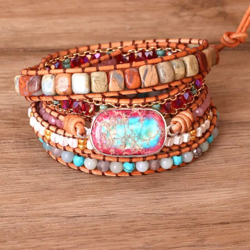 Bohemian Handmade Imperial Multilayer Leather Wrap Natural Stone Bead Bracelet SKB038