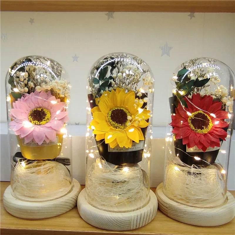 Newest Artificial Sunflower in Glass Dome with Led Light Christmas Festival Valentine's Day Flowers