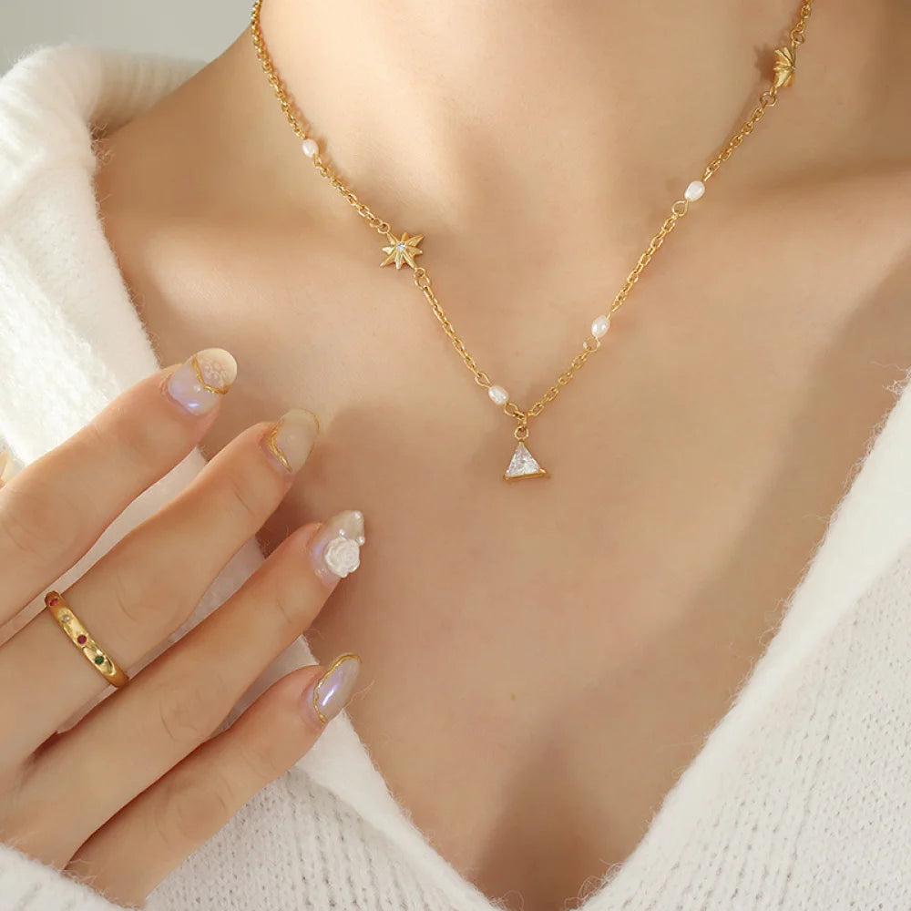 Pendant Necklace Gift Personality Triangle Zircon Freshwater Pearl Hexagram Star Jewelry