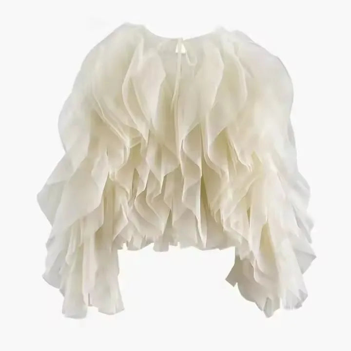 Female Fashion Style Clothing 2025 New Women O Neck Lantern Sleeve Loose Pullover Summer Blouse Ruffles Shirts