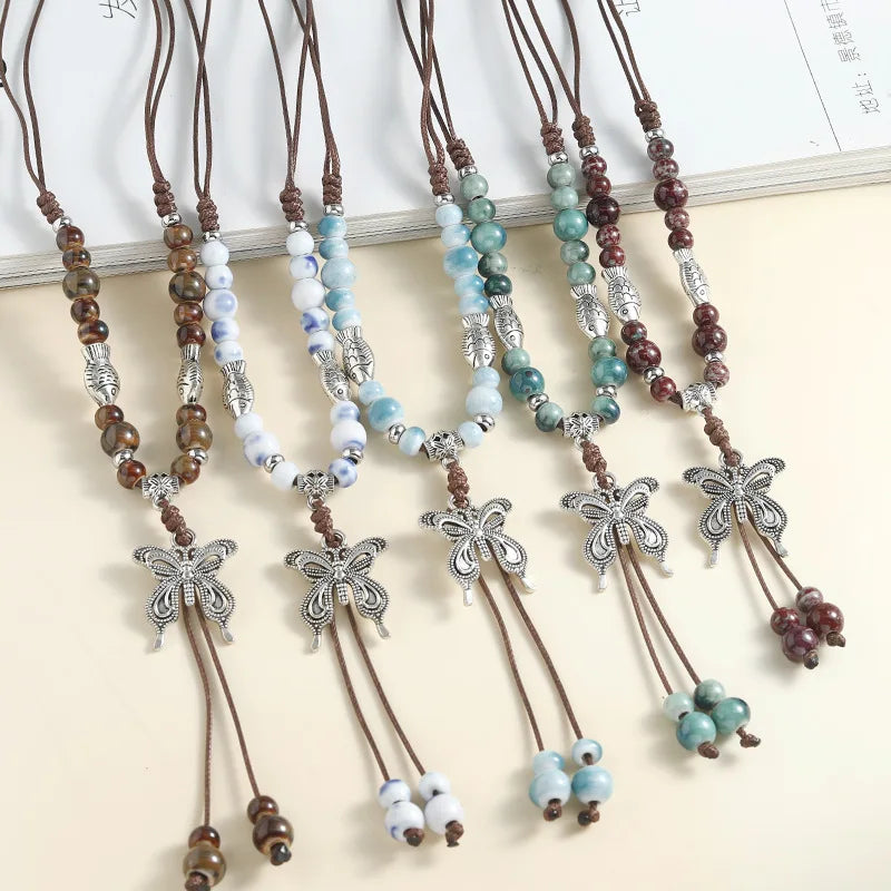 YL New Chinese Style Pearl Beaded Women's Long Clothing Accessories Butterfly Pendant Tassel Antique National Fashion Necklace