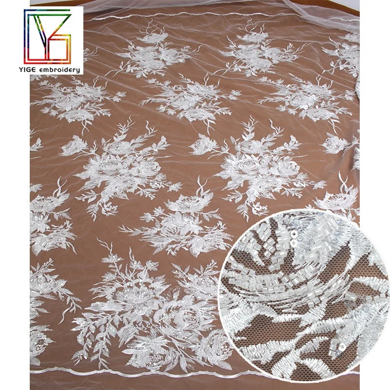 French Mesh Net Fabrics African Tulle Lace With Beads Sequins Tulle Beads African Bridal Fabric for Dresses