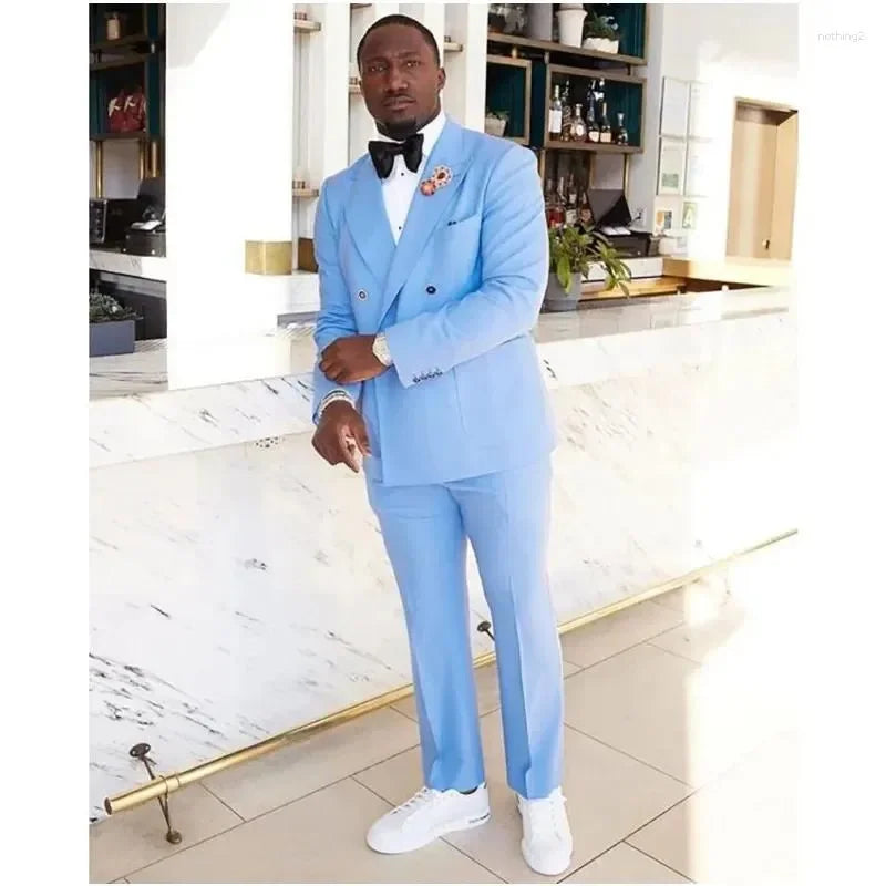Men's Suits Sky Blue for Men Peaked Lapel Double Breasted Elegant Blazer Sets Wedding Male Clothing Luxury 2 Piece Jacket Pants
