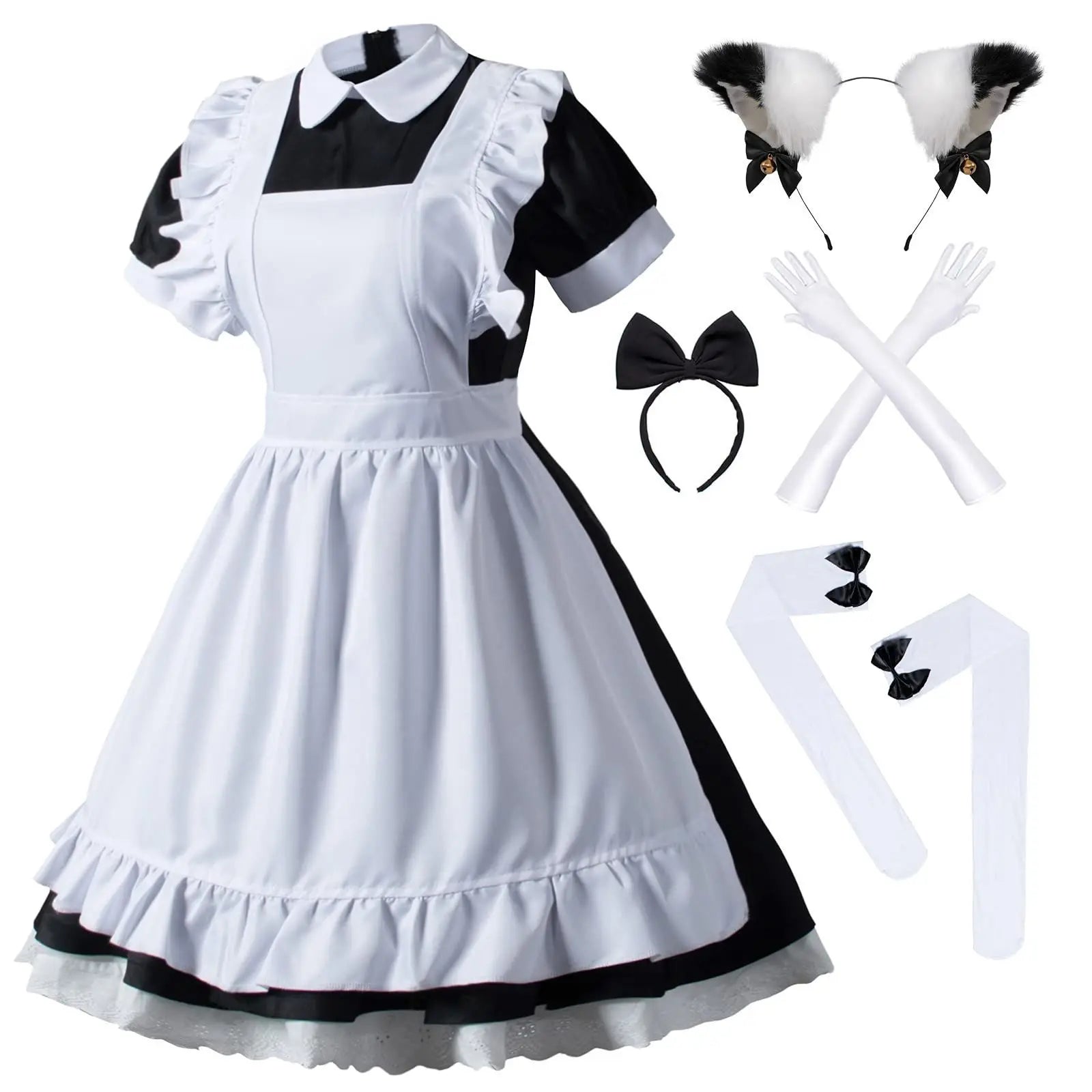 Japanese Anime Lolita French Maid Apron Fancy Dress Cosplay Costume Gloves Headwear Socks Set