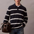 Jacquard Knitted Man Pullover Relaxed Fit Long Sleeve Cotton Front Button Collar Black and White Striped Polo Sweater