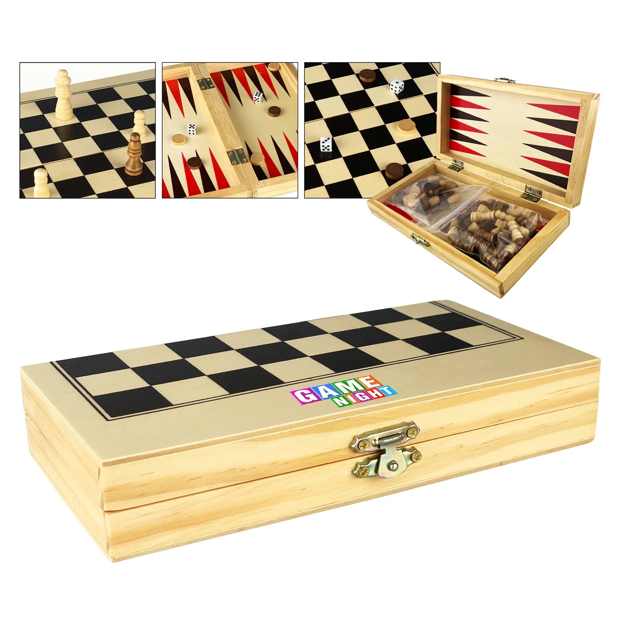 Portable Wooden Board Game Set Which Contains Wooden Pieces Custom Logo Promotional Gifts PT002 3 in 1 Wooden Play Case in Stock