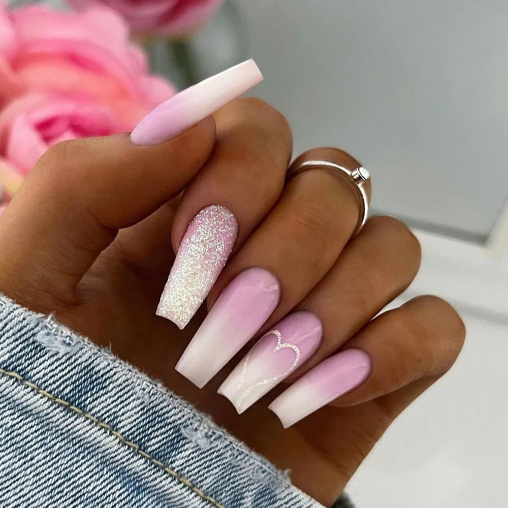 2023 Luxury Bling Pink Gradient Bulk False Nails 3d Acrylic Design Artificial Fingernails Wholesale Custom Press on Nails