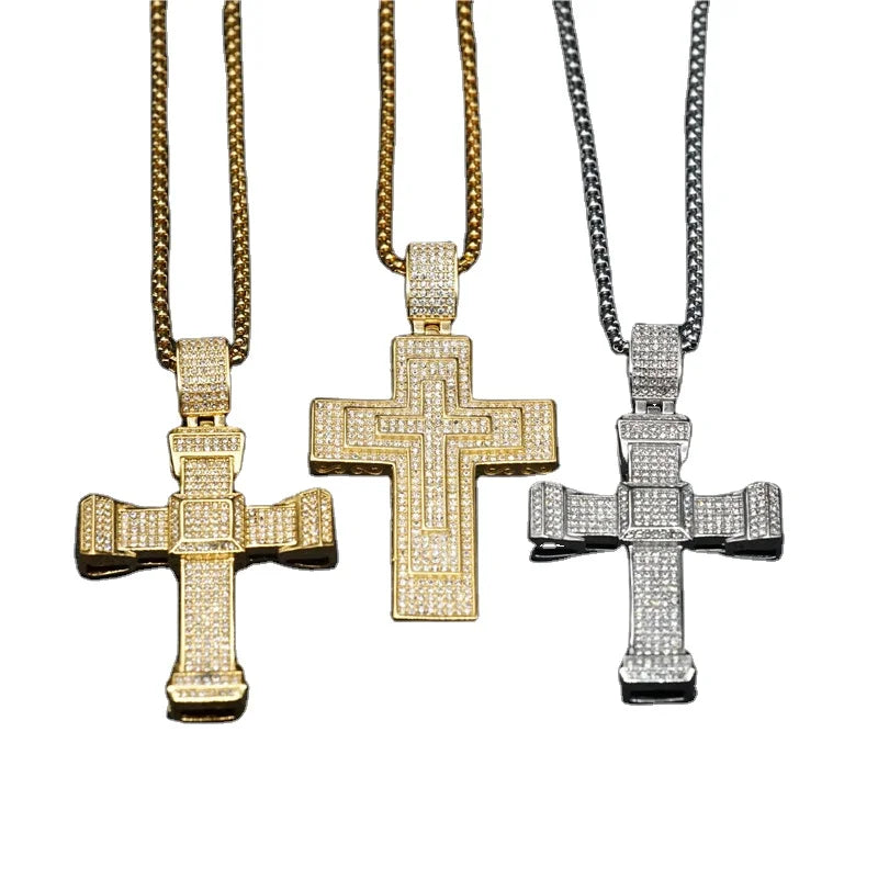 RisingMoon Stainless Steel 18K Gold Plated Crystal Micro Insert Christian Jewelry Religious Ankh Pendant Cross Necklace