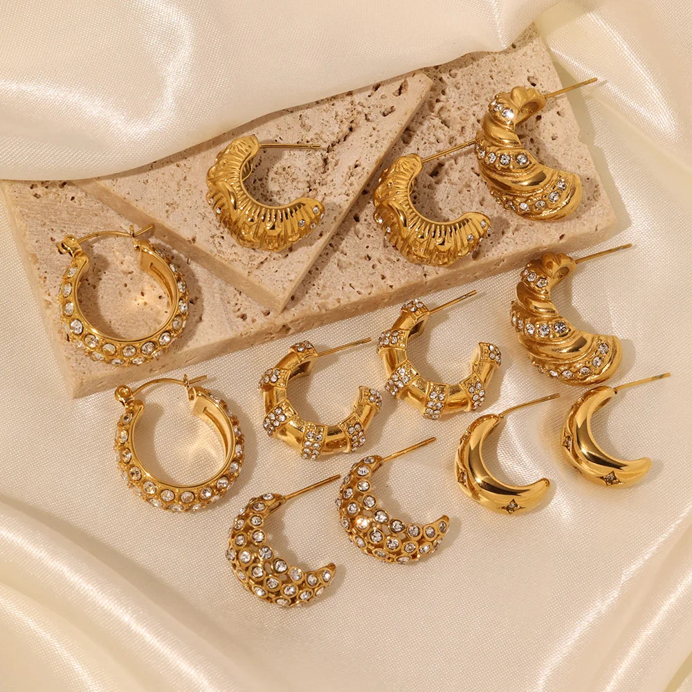 Ins Hot Sale Hypoallergenic Stainless Steel Zirconia Earrings Non Tarnish Full Zircon Twisted Chunky Hoop Earrings for Women