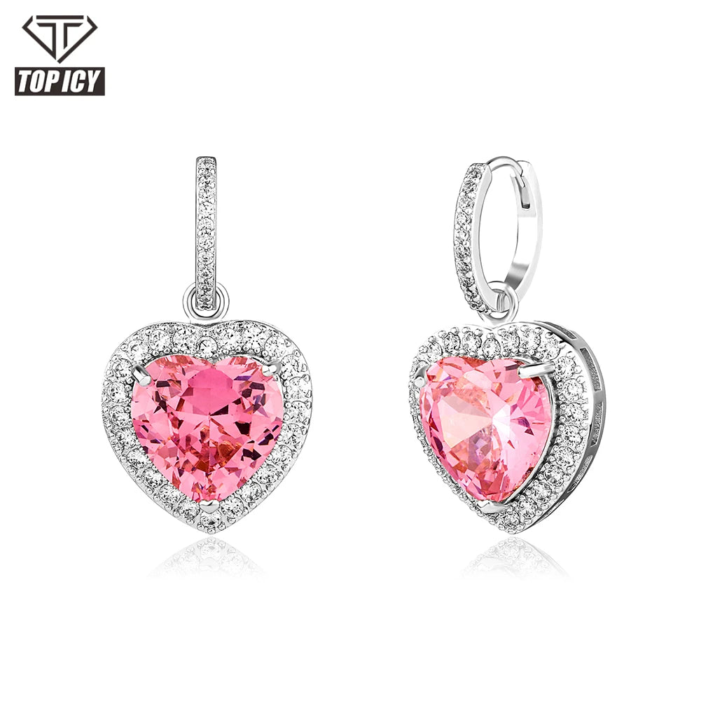 2022 New Arrival Heart Shaped Pink CZ Stone with 18K Gold Plated Earring Jewelry Handmade Dangle Heart Earrings for Women
