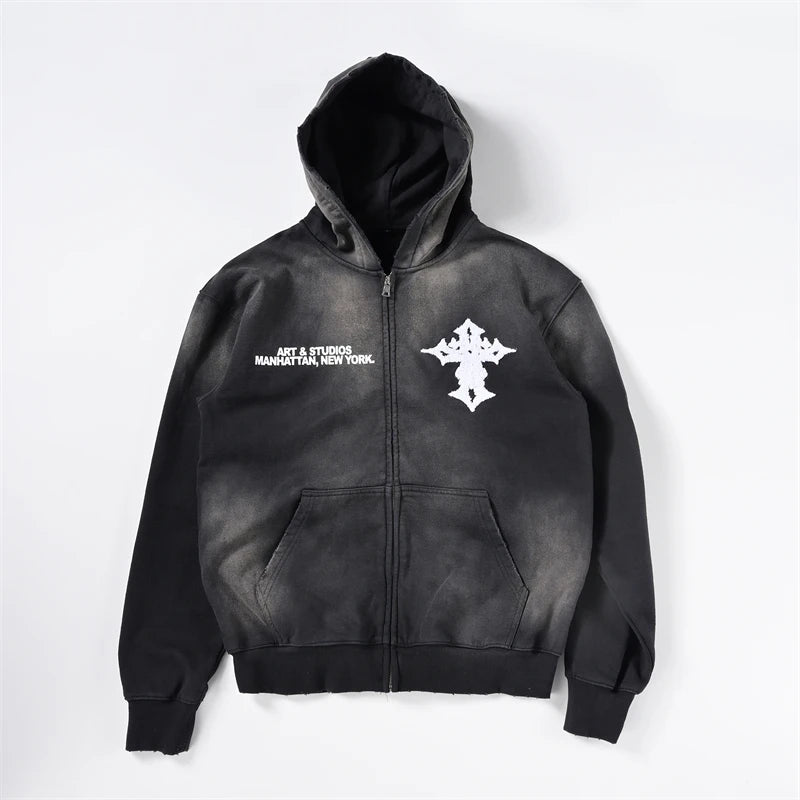 High Quality Vintage Sun Bleached Cropped Hoodie Men Black Terry Distressed Towel Embroidery Acid Wash Sun Faded Zip up Hoodies