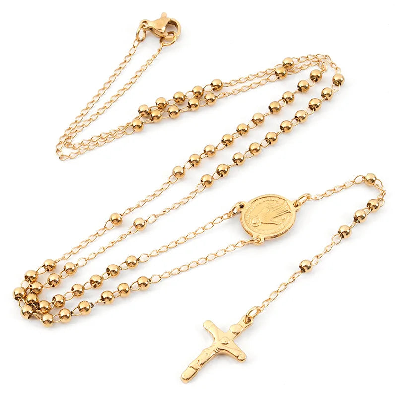 SSeeSY Custom Fashion Jewelry Mens Gold Plated Stainless Steel Christian Rosary Jesus Cross Pendant Necklace for Men