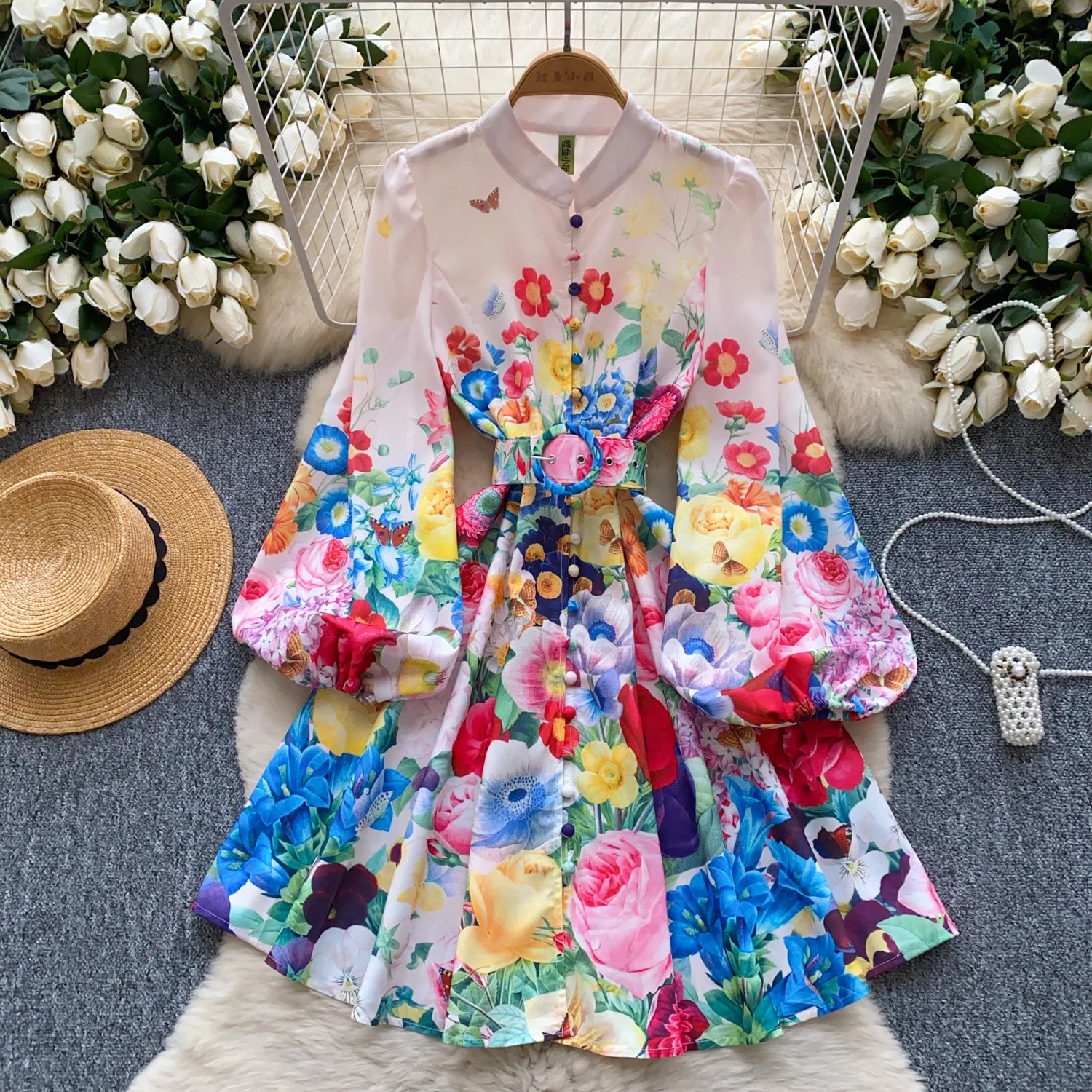 LW0868 2025 New Elegant Senior Sense Stand Collar Single Breasted Lantern Sleeve Waist Print Dress Woman Dresses Women Casual