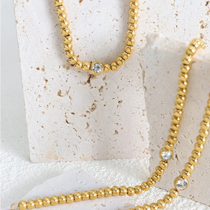 Wholesale Custom 18K Gold Plated Zirconia Stainless Steel Bead Chain Choker Necklace for Women Customizable Jewelry
