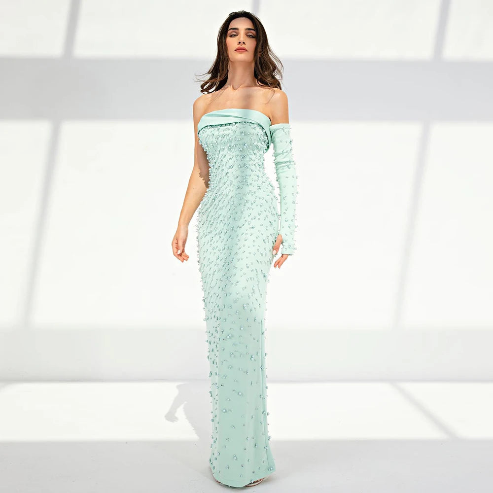 Scz096 Turquoise Blue Luxury Dubai Evening Dresses With Cape Sage Green Arabic Women Wedding Formal Party Gowns