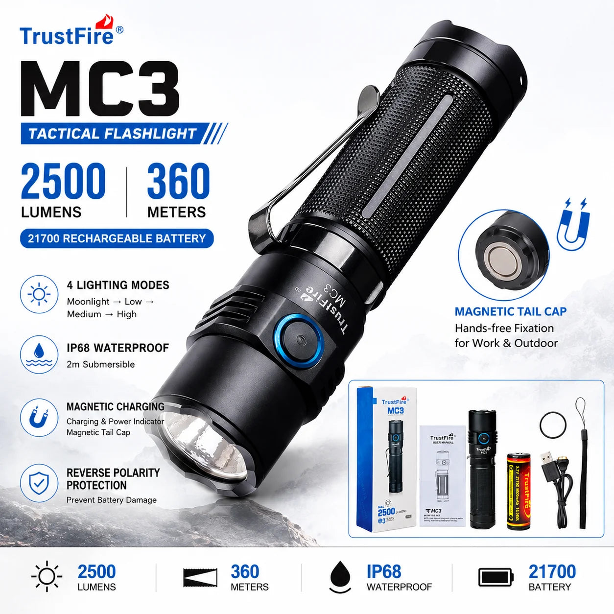 TrustFire MC3 2500LM Tactical Flashlight Magnetic USB Rechargeable LED Torch 21700 IP68 Waterproof Self Defense Flashlight