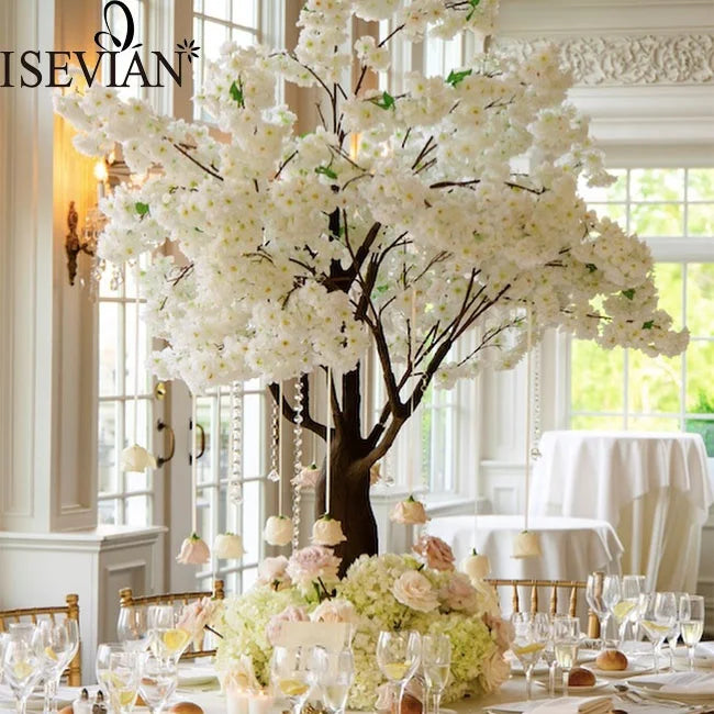 ISEVIAN White Artificial Silk Cherry Blossom Trees Centerpiece Decoration for Wedding Party