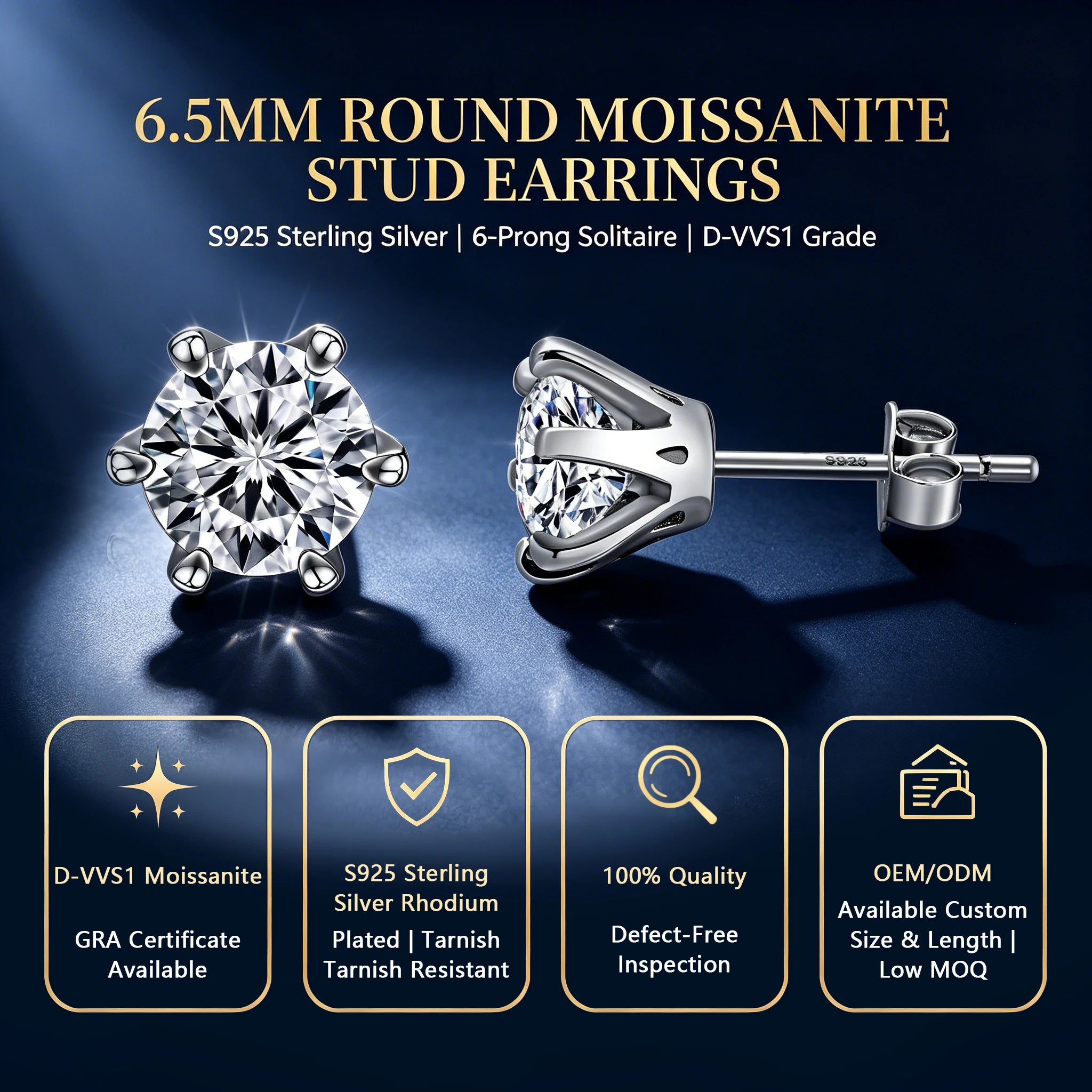 Fast Shipping Classic 925 Sterling Silver 6.5mm 1ct VVS Moissanite Minimalist Women's Stud Earrings Jewelry