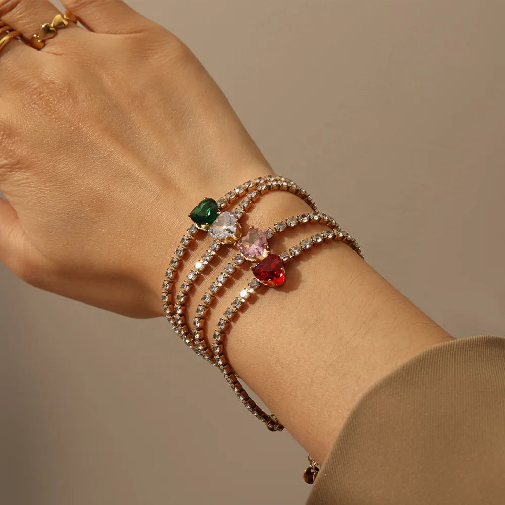 Fashion Jewelry Popular Trendy Stainless Steel 18k Gold Plated White Zircon Bracelets Heart Tennis Zircon Charm Bracelet