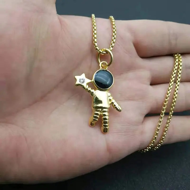 ORDRM Stainless Steel Spaceman Star Astronaut Pendant Necklace Gold Plated Charm Jewelry for Parties Space Themed Gift
