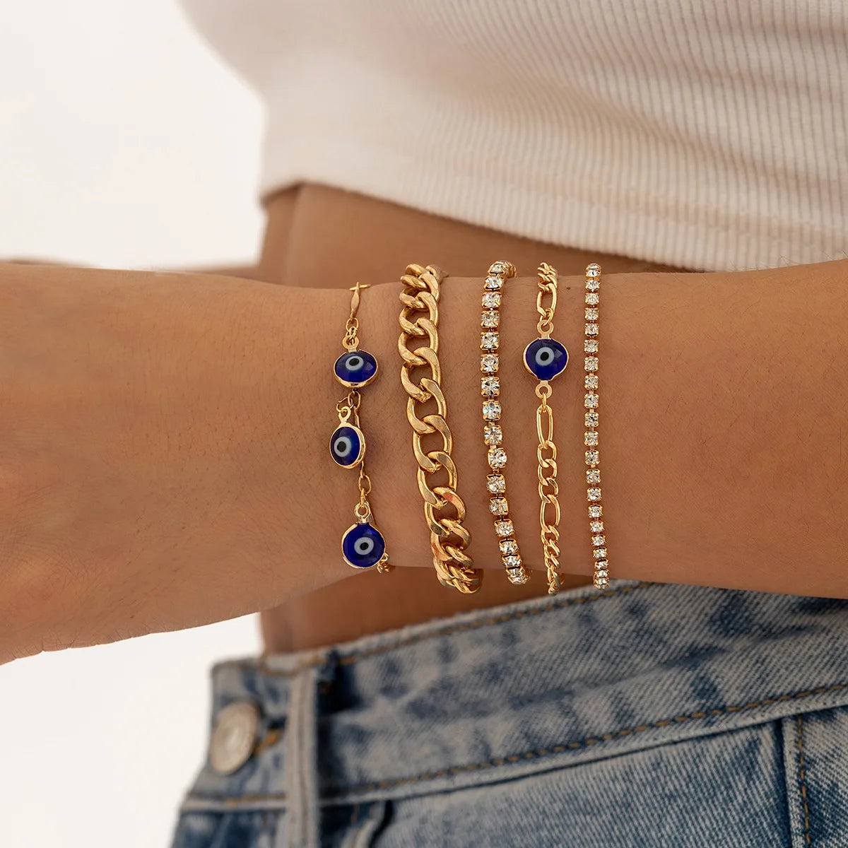 Fashion Cheap Price Alloy Copper Multi Layer Gold Bracelet Set Jewelry Hip Hop Bangles Bracelets 1 Set