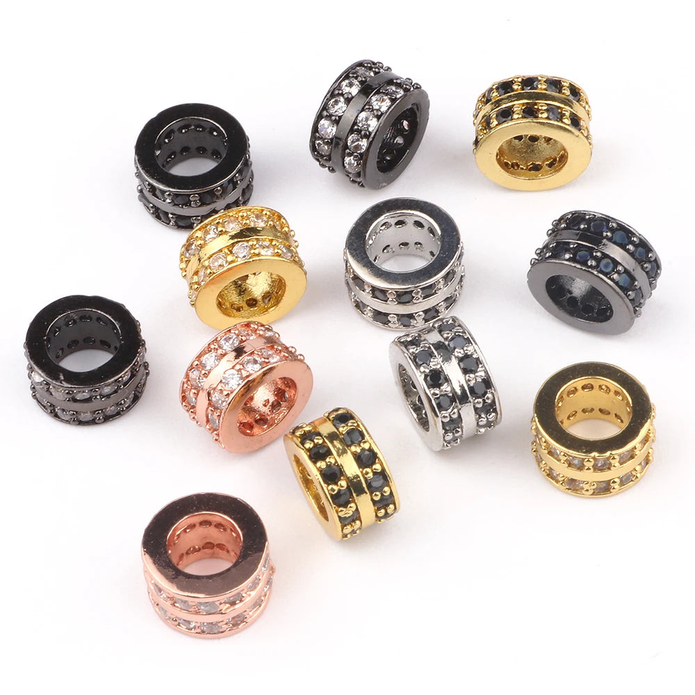 Wholesale Jewelry Findings 3pcs/bag 7*4MM Brass Electroplated Cylinder Micro Pave Cubic Zirconia CZ Spacer Charms Beads for