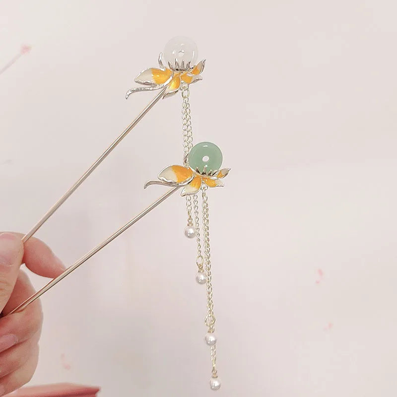 Chinese Style Retro Ping'an Safty Imitation Jade Flower Hairpin Chopsticks Metal Hair Sticks Pan Hair Hairpin Headwear Hair Clip