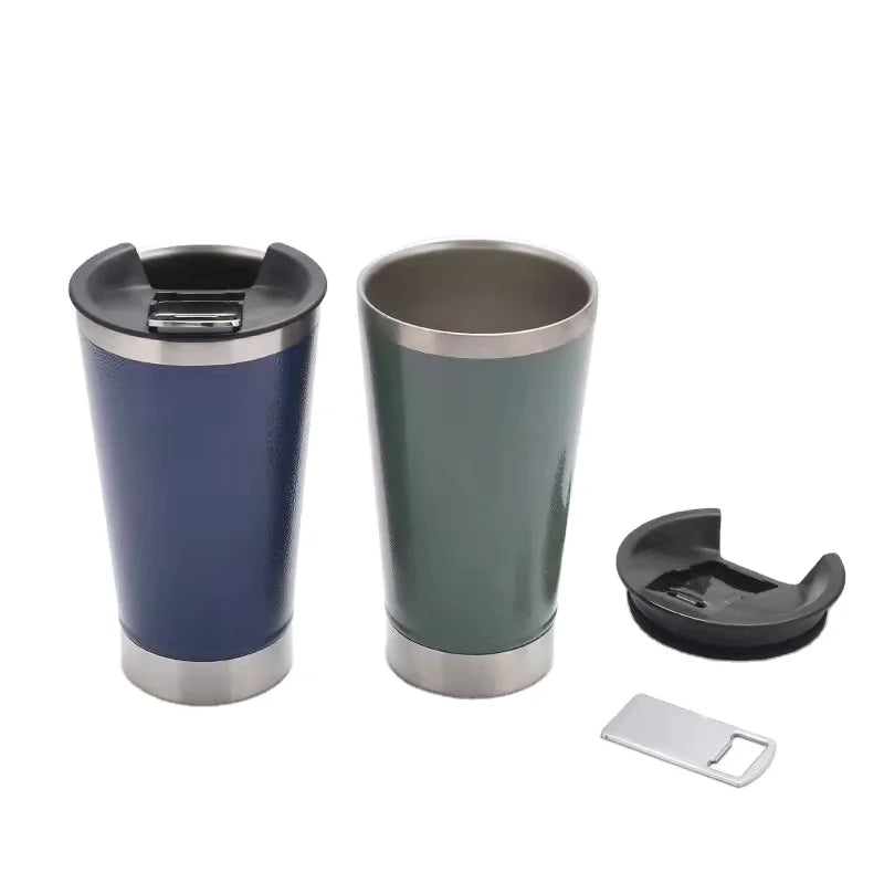Custom Logo Drinking Bottle Cold Hot Wide Mouth for Beer Coffee Tea Copo Tumblers Cup 16oz Beer Mug With Beer Opener Keep Cool