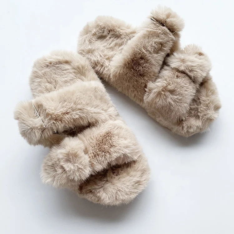 Brown Color Faux Mink Fur Double Strap slippers Indoor Outdoor Fur Slides Men Women Sandals
