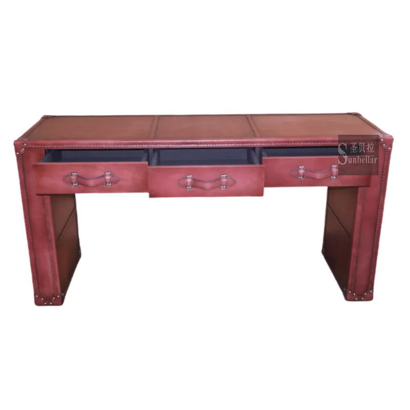 OEM ODM Retro Vintage Genuine Leather Solid Oak Wood French Bedroom Apartment Dressing Table Drawers Luxury Quality
