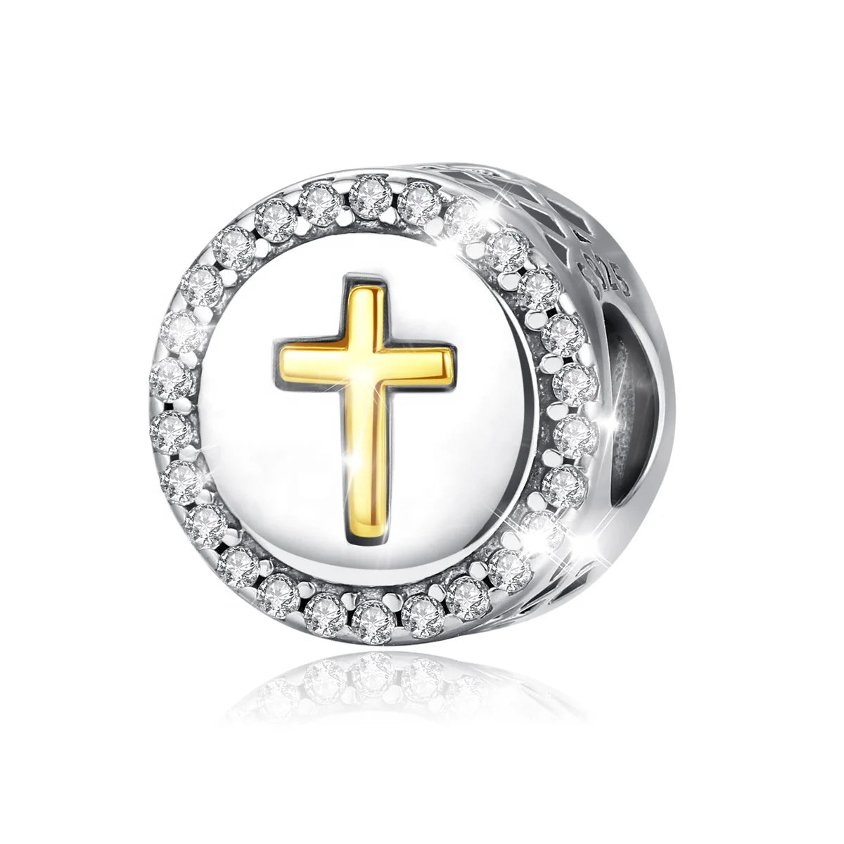 Isunni DIY Jewelry Oblate Round Gold Plated Cross Embossment Design S925 Sterling Sliver Metal Spacer Beads for Bracelets