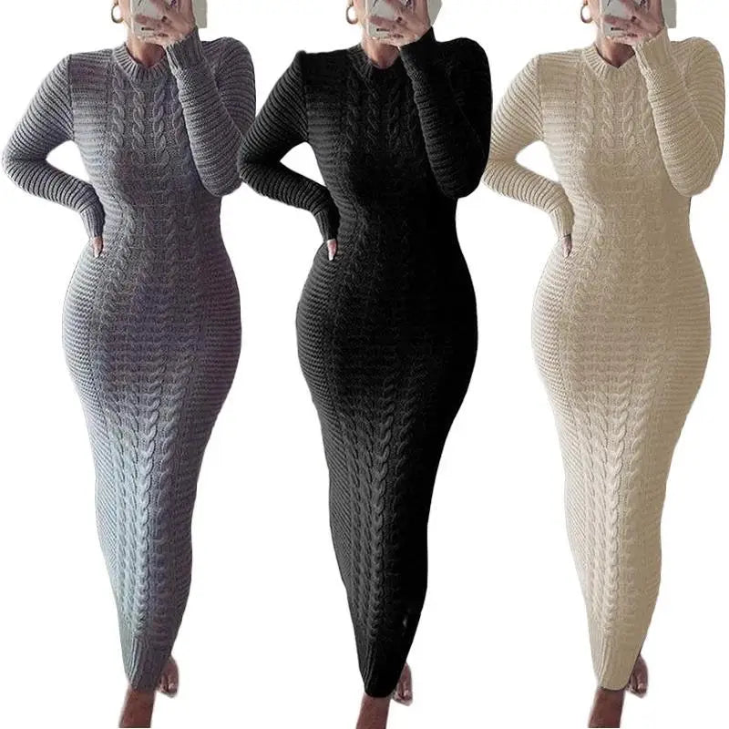 New Stylish Women Fashion Clothing Solid Color Long Sleeve Long Maxi Dress Ladies Casual Sweater Dress