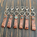 Retro Western Keychain Embossed Cowboy Leather Keychain Bohemian Wrist Strap Car Keyring Pendant Engraved Cowhide Band Key Chain
