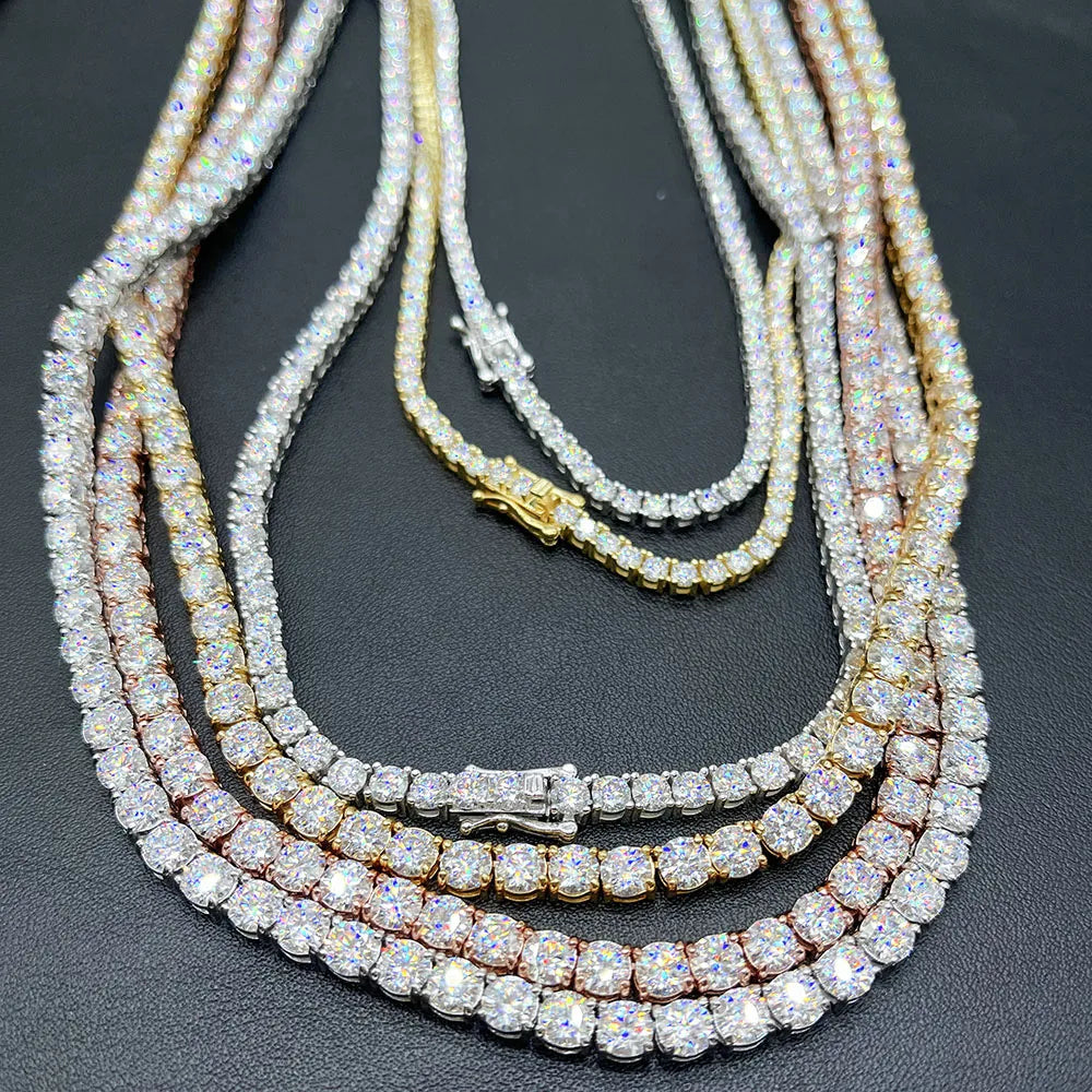 Hiphop Jewelry Pass Diamond Test 3mm--5mm Wide 925 Silver Gold Plated Moissanite Diamond Tennis Necklace/bracelet Chain